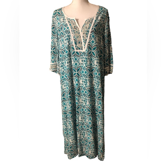 Patio Casuals by Cabernet Dresses & Skirts - Patio Casuals By Cabernet Caftan Maxi Dress Floral Pattern Beaded Sleeves & Neck